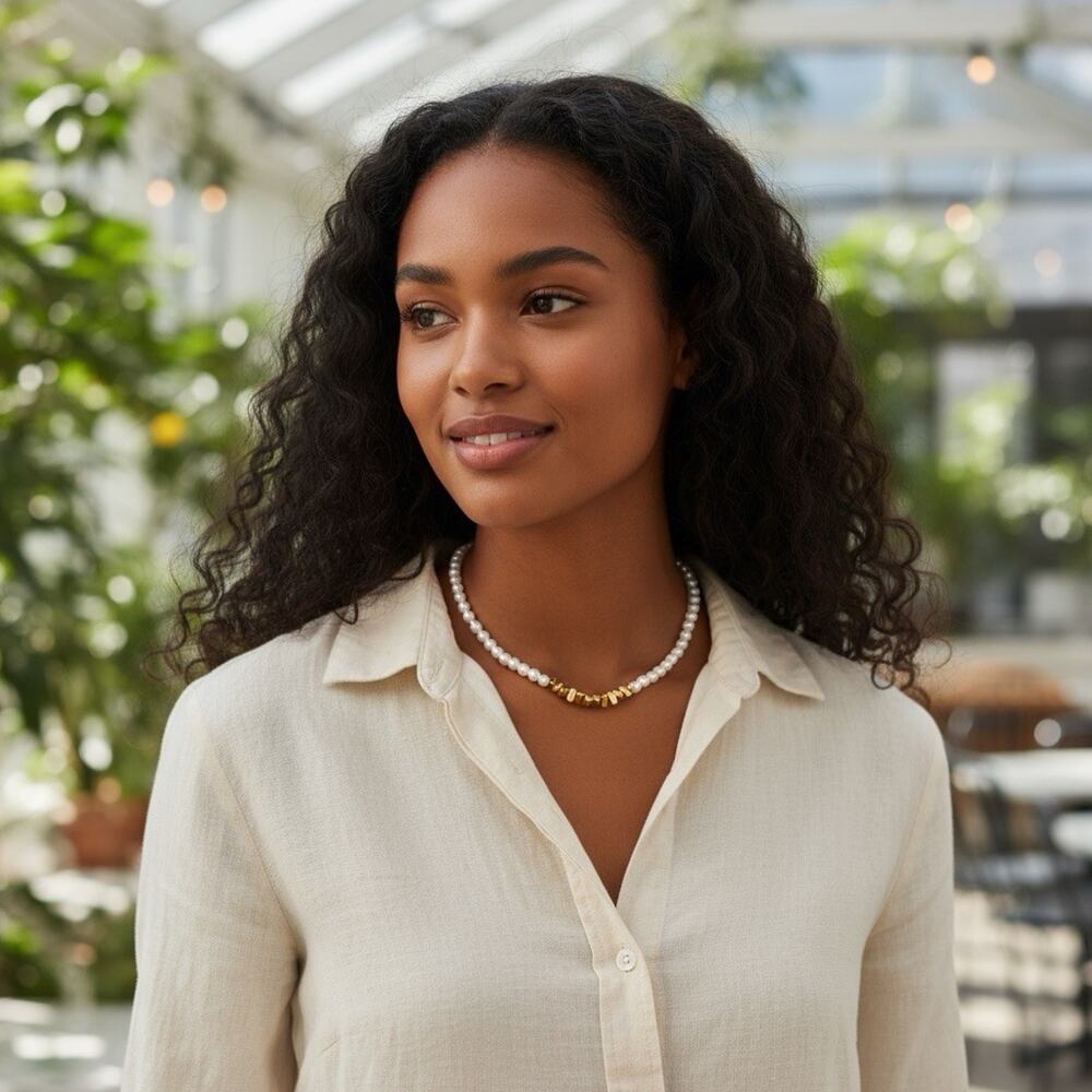 Anthropologie Pearl Necklace Nugget Gold Boho Chain Delicate Baroque Geometric - Picture 5 of 10